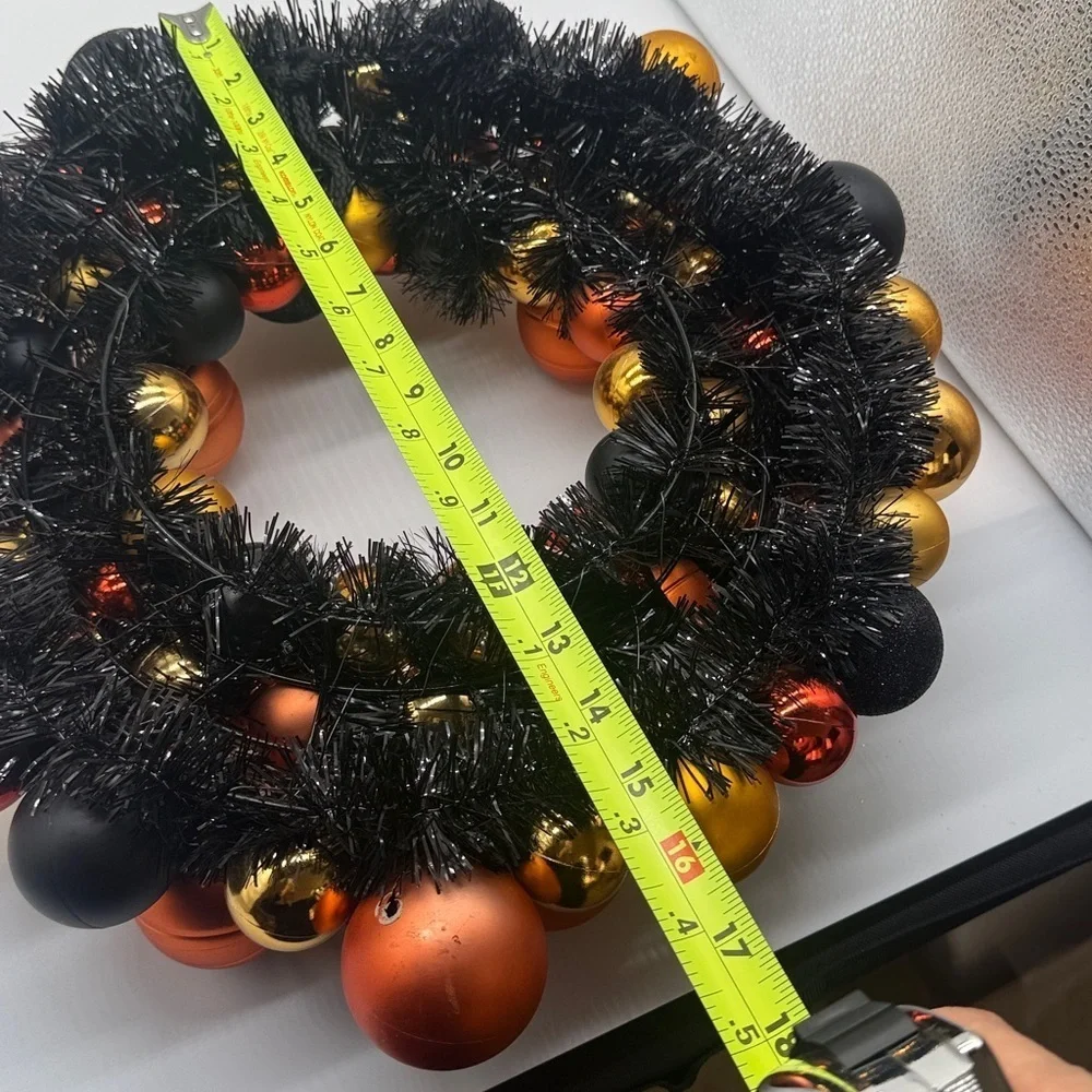 Halloween Shatterproof Ornament  Orange Black Gold Shiny Wreath Festive Spooky
